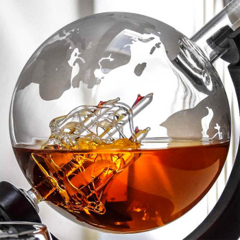 MIKAMAX Globus Decanter set-Whisky Karaffe mit zwei Gläser,Whiskysteine,Zange,Trichter - 2