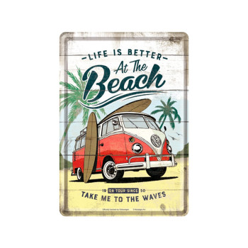 Blechschild Postkarte 10x14cm VW Bulli Life is Better at the Beach