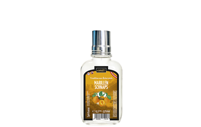 Emil Marillen Schnaps 0,1l 35% TÖ Taschenflasche mit Stamperl